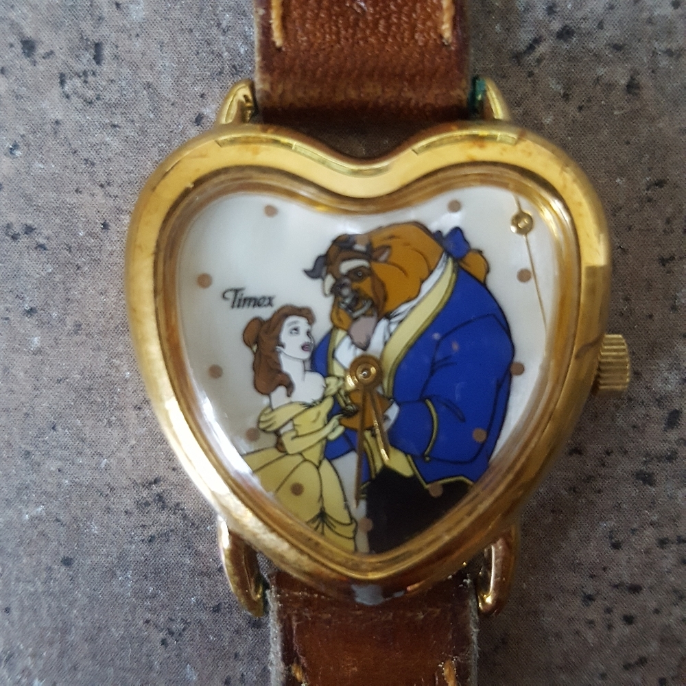 Disney Belle & Beast Heart-Shaped Gold Tone Watch with Blue and Brown Accents